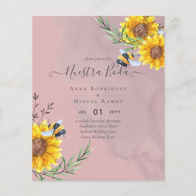 Girasoles de Invitación de Boda Económica Bilingüe Flyer (Vorne)