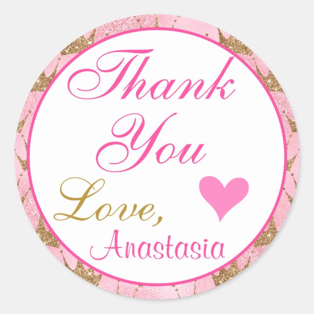 Gircess Pink und Gold Glitzer Vielen Dank Runder Aufkleber (Vorderseite)