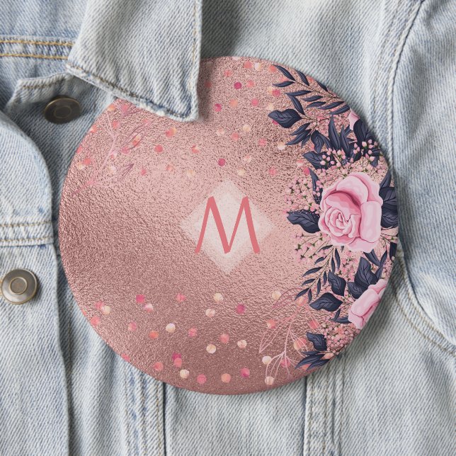 Giresters Ever ROSEGOLD Blue Pink Floral MONOGRAM Button (Beispiel)