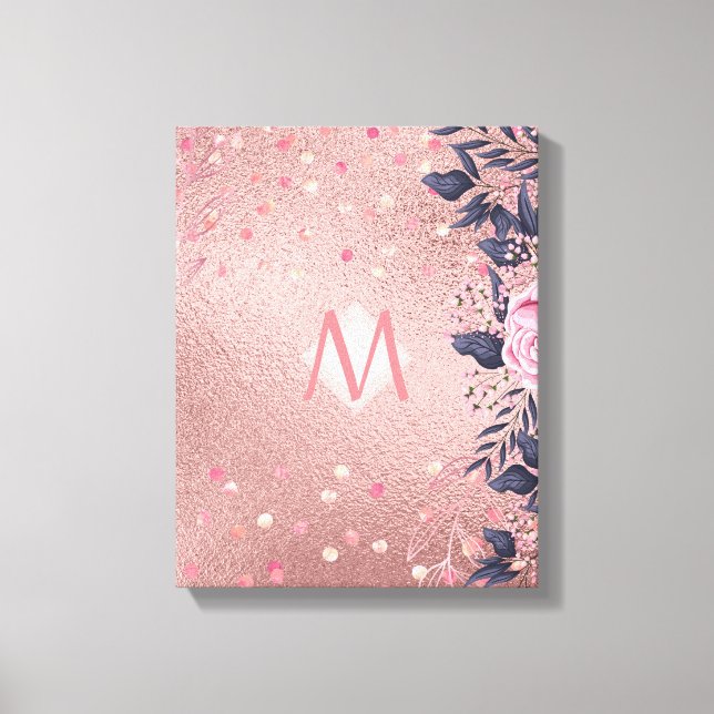 Giresters Ever ROSEGOLD Blue Pink Floral MONOGRAM Leinwanddruck (Vorderseite)