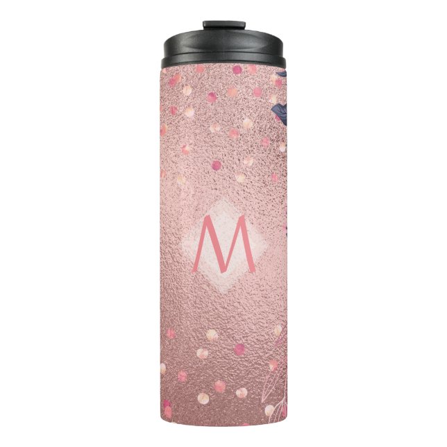Giresters Ever ROSEGOLD Blue Pink Floral MONOGRAM Thermosbecher (Vorderseite)