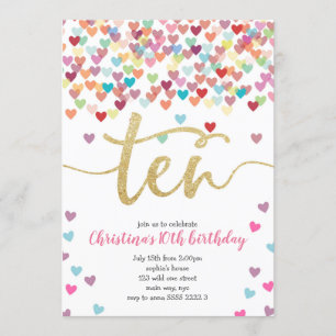 Girl 10. Geburtstagsherz Confetti Rainbow Glitzer Einladung