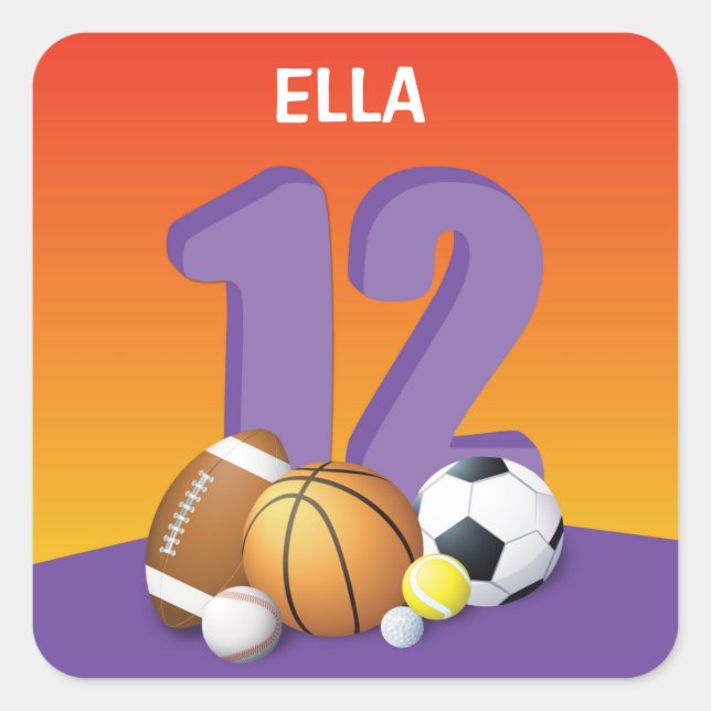Girl 12. Geburtstag Sportbälle Quadratischer Aufkleber (Vorderseite)