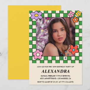 Girl 18. Geburtstags-Einladung Retro Groovy Blume Einladung