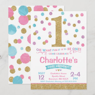 Girl 1. Geburtstag Einladung Pink & Gold Confetti