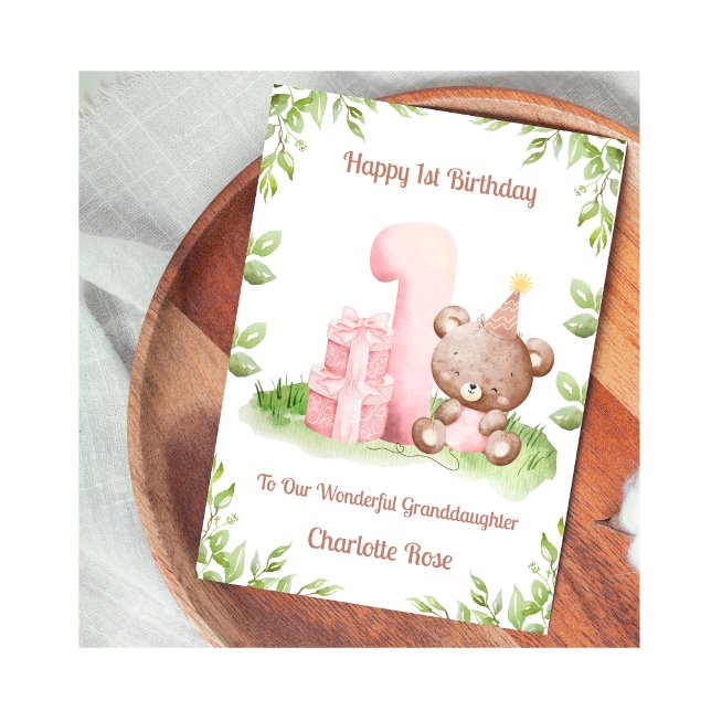 Girl 1st Birthday Greenery Teddy Bear Card Karte (Von Creator hochgeladen)