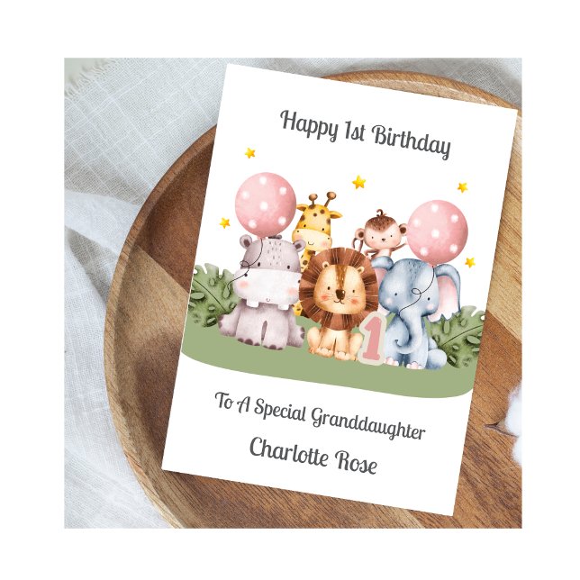 Girl 1st Birthday Safari Leaf Animals Card Karte (Von Creator hochgeladen)