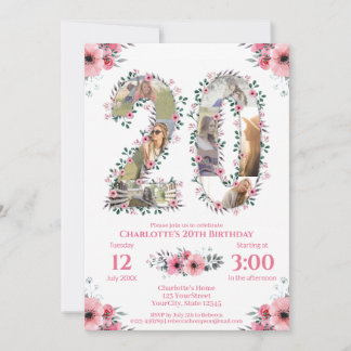 Girl 20. Geburtstag Foto Collage Pink Blume Weiß Einladung