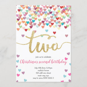 Girl 2. Geburtstagsherz Confetti Rainbow Glitzer Einladung