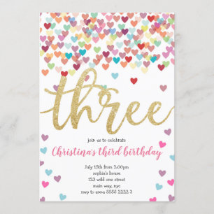 Girl 3. Geburtstagsherz Confetti Rainbow Glitzer Einladung