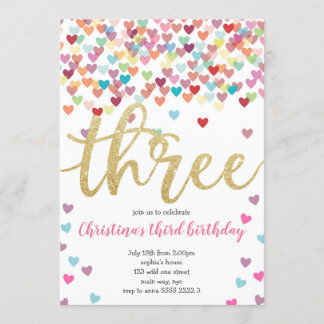 Girl 3. Geburtstagsherz Confetti Rainbow Glitzer Einladung
