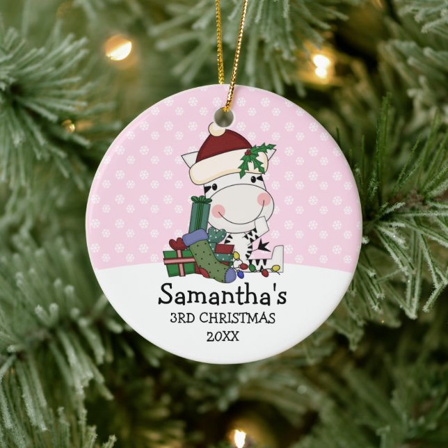 Girl 3. Weihnachtsfeier Santa Zebra Personalisiert Keramikornament (Baum)