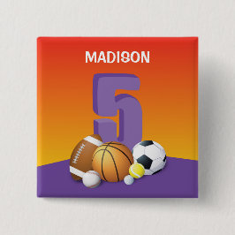 Girl 5th Birthday Sports Balls Button