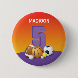 Girl 5th Birthday Sports Balls Button