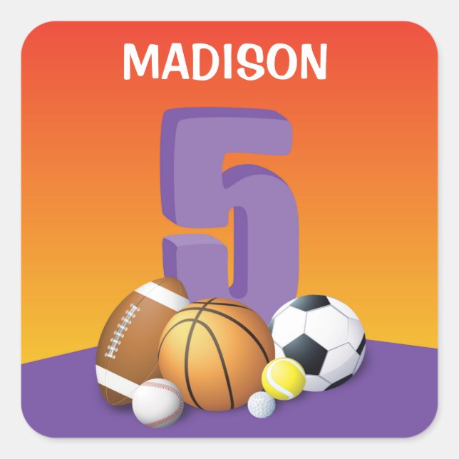 Girl 5th Birthday Sports Balls Quadratischer Aufkleber (Vorderseite)