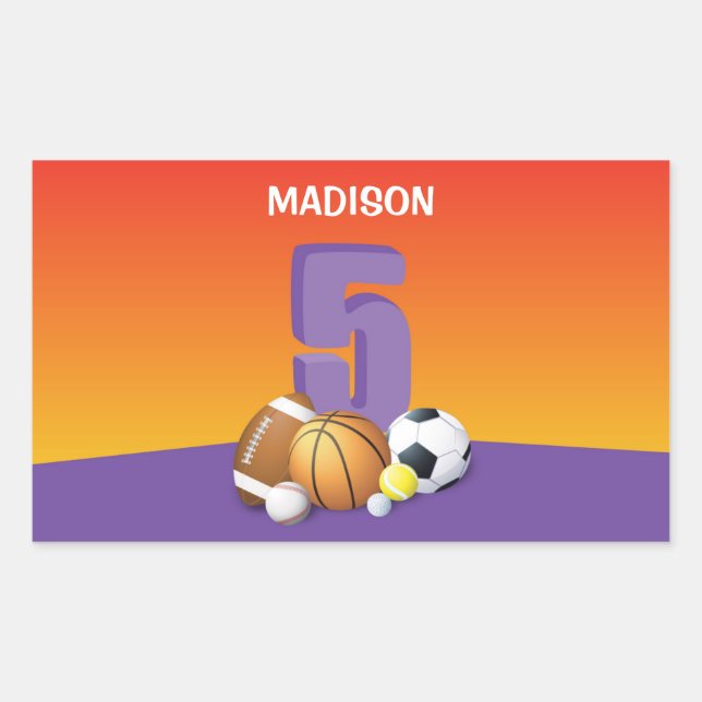 Girl 5th Birthday Sports Balls Rechteckiger Aufkleber (Vorderseite)