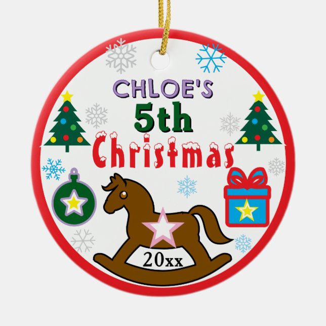 Girl 5th Christmas Horse Tree PHOTO Keramik Ornament (Vorne)