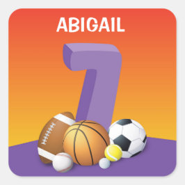 Girl 7. Geburtstag Sportbälle Quadratischer Aufkleber