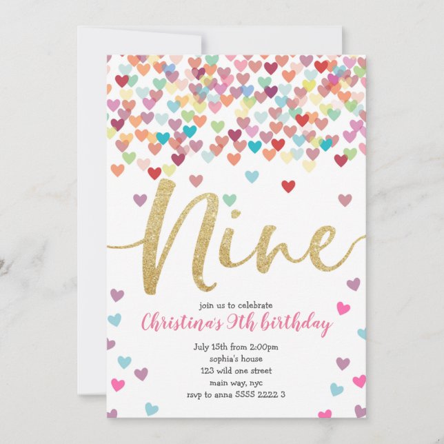Girl 9. Geburtstag Herzstück Confetti Regenbogen G Einladung (Vorderseite)