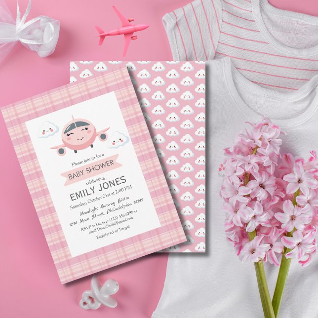 Girl Airplane Clouds Cute Baby Shower Pink Grey Einladung (Von Creator hochgeladen)