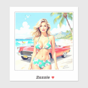 Girl am Strand mit einem klassischen Auto Aufkleber