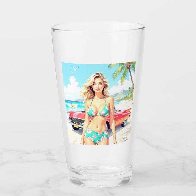 Girl am Strand mit einem klassischen Auto Glas (Vorderseite)
