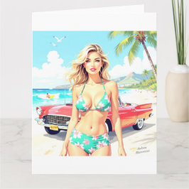 Girl am Strand mit einem klassischen Auto Karte