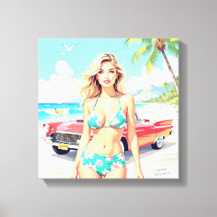 Girl am Strand mit einem klassischen Auto Leinwanddruck