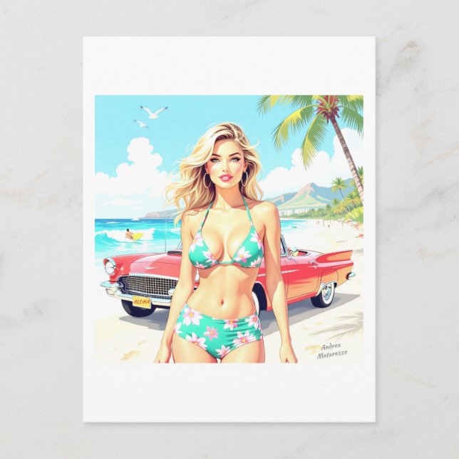 Girl am Strand mit einem klassischen Auto Postkarte (Vorderseite)