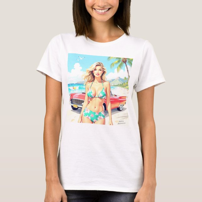 Girl am Strand mit einem klassischen Auto T-Shirt (Vorderseite)