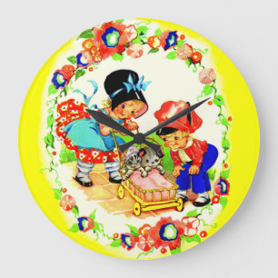 girl and boy and kitten and puppy große wanduhr