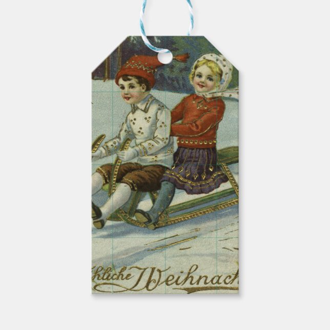 Girl and boy enjoy a sleigh ride illustration geschenkanhänger (Vorderseite)