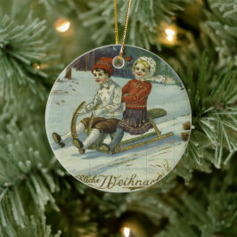 Girl and boy enjoy a sleigh ride illustration keramik ornament