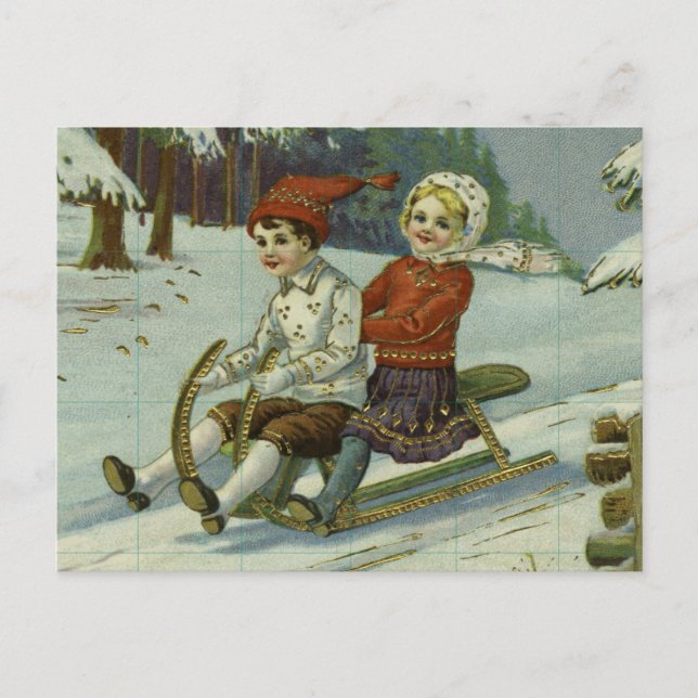 Girl and boy enjoy a sleigh ride illustration postkarte (Vorderseite)