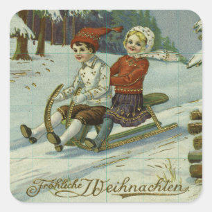 Girl and boy enjoy a sleigh ride illustration quadratischer aufkleber