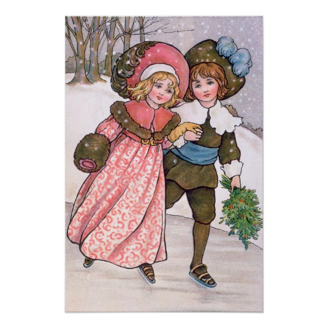 Girl and boy ice skating - Florence Hardy Poster (Vorderseite)