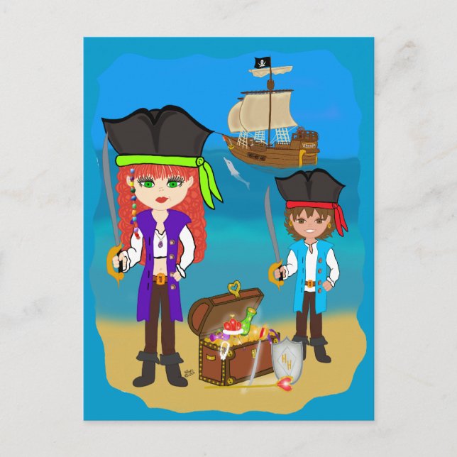 Girl and Boy Pirates with Ship on Beach Postcard Postkarte (Vorderseite)