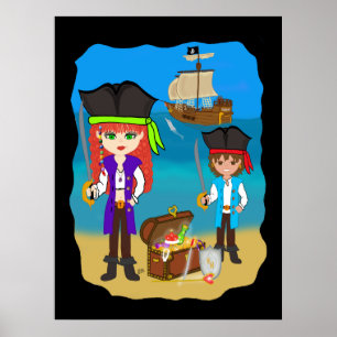 Girl and Boy Pirates with Ship on Beach Poster