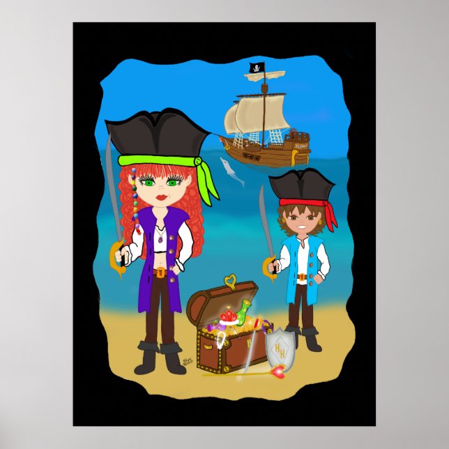 Girl and Boy Pirates with Ship on Beach Poster (Vorne)