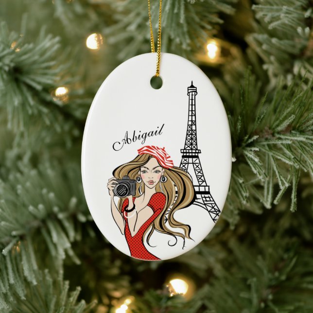 Girl and Eiffel Tower Black, Red Christmas Keramik Ornament (Baum)