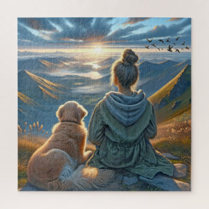 Girl and Golden Retriever auf dem Berggipfel Puzzle