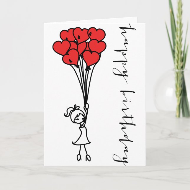 Girl and Heart Balloons Doodle Happy Birthday Card Karte (Vorderseite)