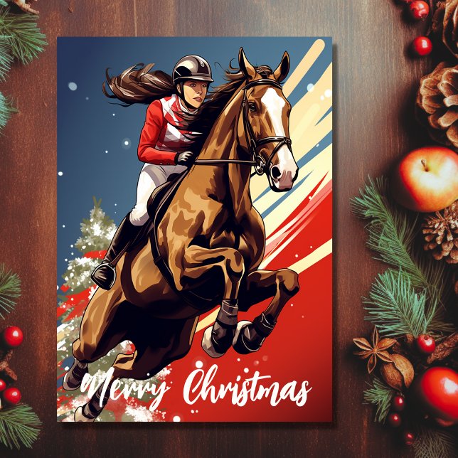 Girl and Horse Jumping Frohe Weihnachten (Front - Girl and Horse Jumping Merry Christmas Holiday Card)