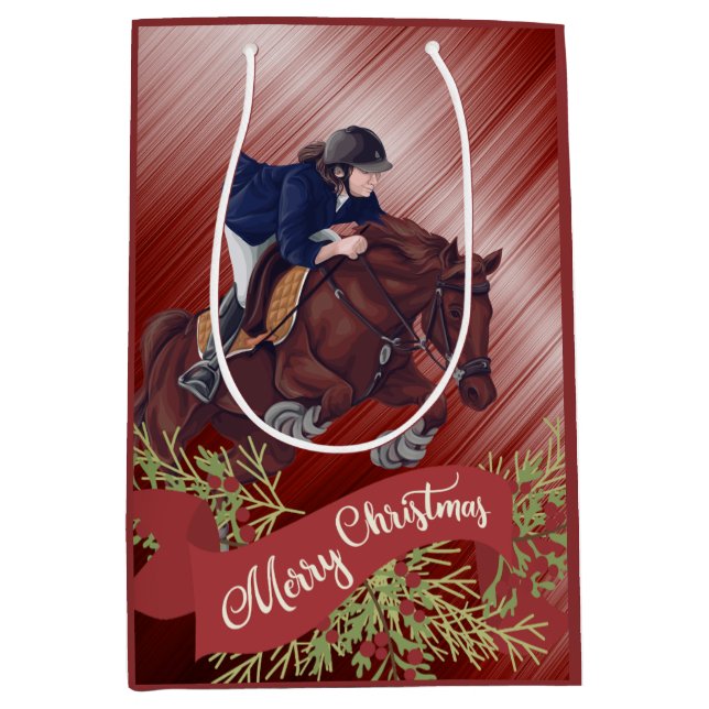 Girl and Horse Jumping Frohe Weihnachts Rot Mittlere Geschenktüte (Vorderseite)