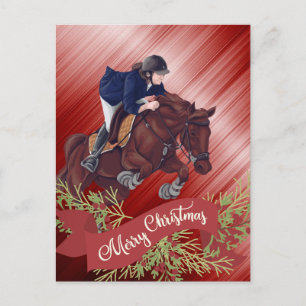 Girl and Horse Jumping Frohe Weihnachts Rot Postkarte