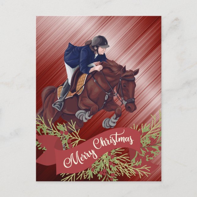 Girl and Horse Jumping Frohe Weihnachts Rot Postkarte (Vorderseite)