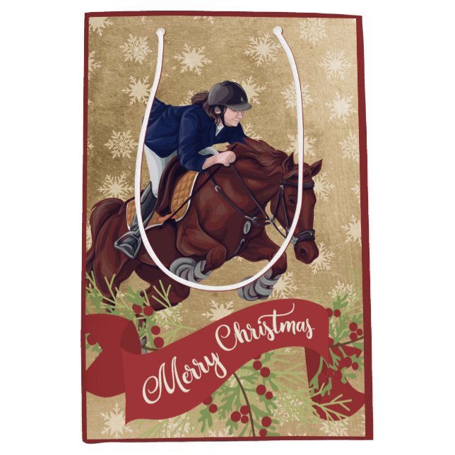 Girl and Horse Jumping Frohe Weihnachtsgolden Mittlere Geschenktüte (Vorderseite)
