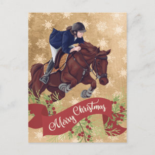 Girl and Horse Jumping Frohe Weihnachtsgolden Postkarte