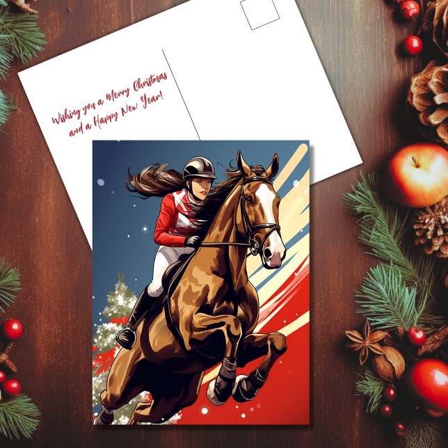 Girl and Horse Jumping Weihnachten Reittiere (Girl and Horse Jumping Equestrian Christmas Holiday Postcard)