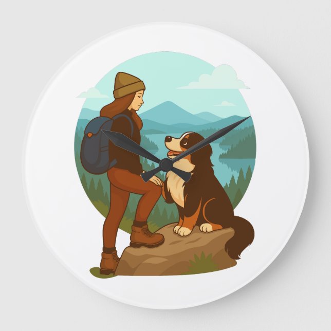 Girl and Mountain Dog Adventure Illustration Große Wanduhr